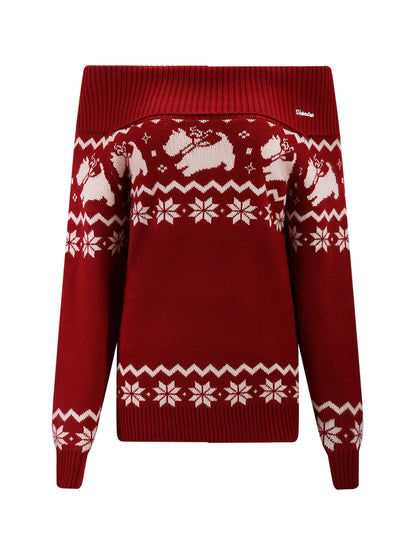 Red Fair Isle Off-Shoulder Knit Top