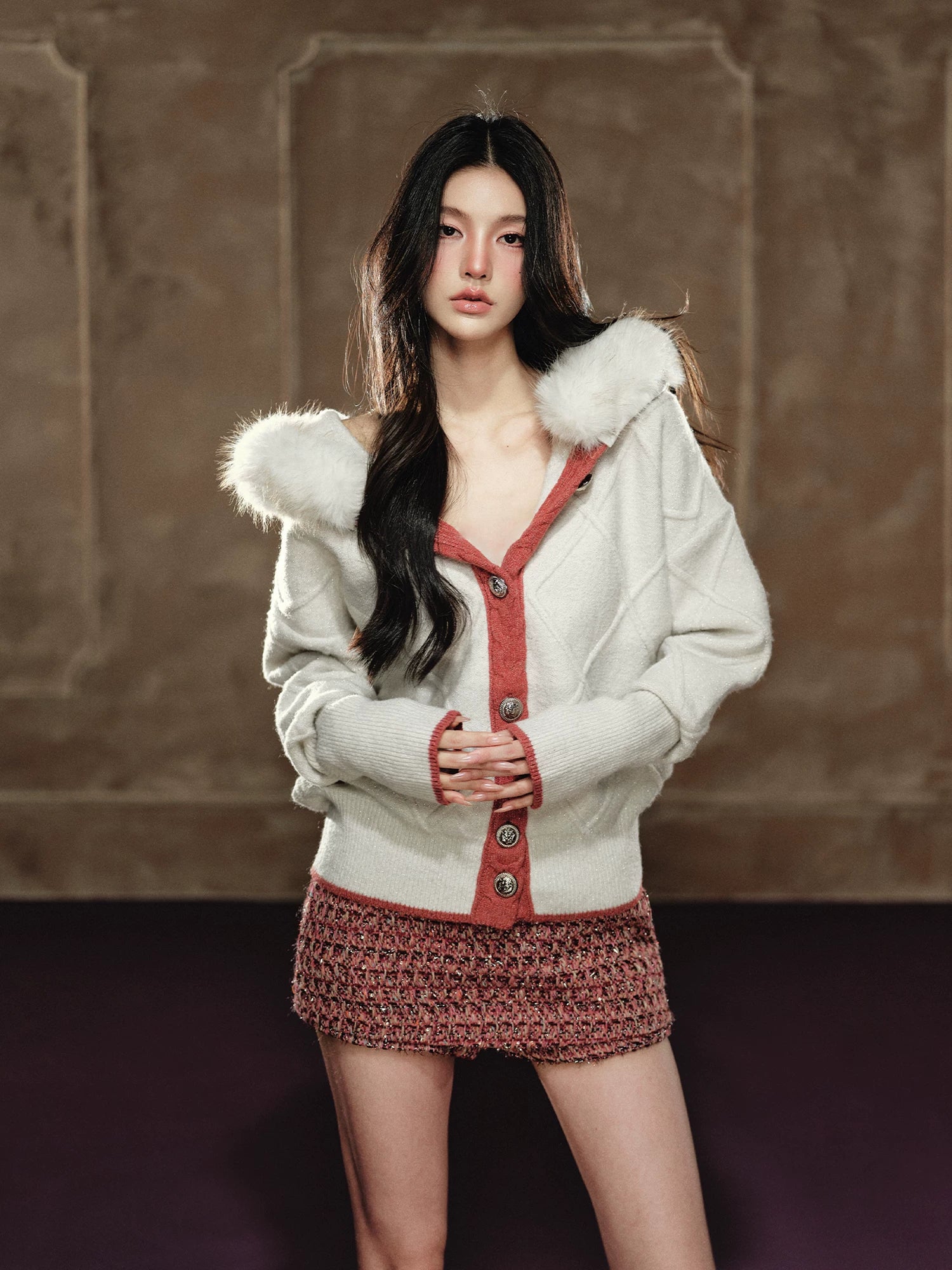 Chunky Knit Diamond Pattern Hooded Cardigan