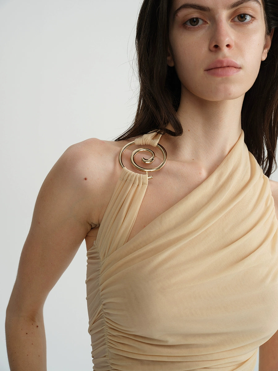 Metal Ring Halter Mesh Pleated Blouse