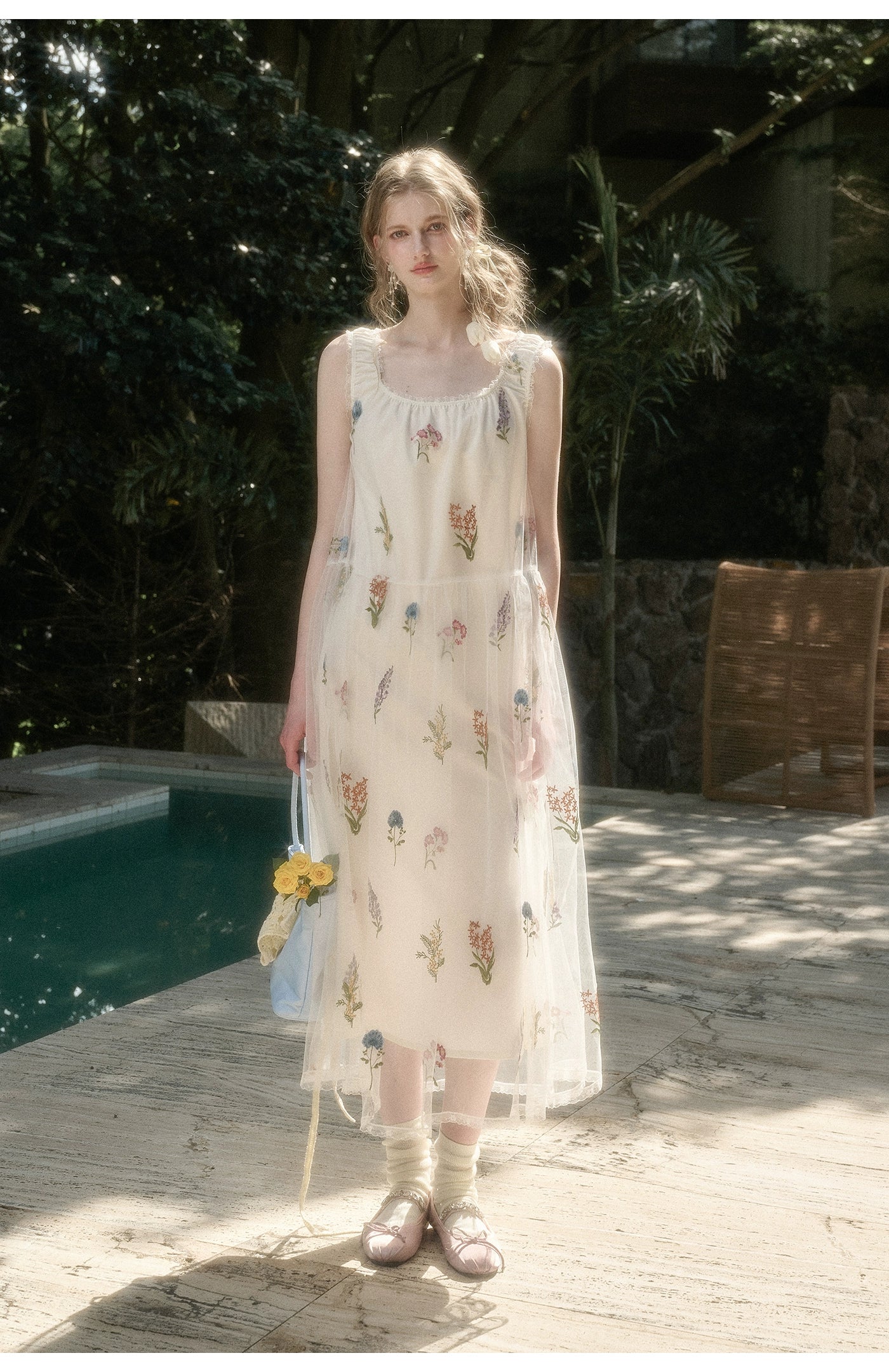 Gauze Flower Embroidered Double - Layer Sundress