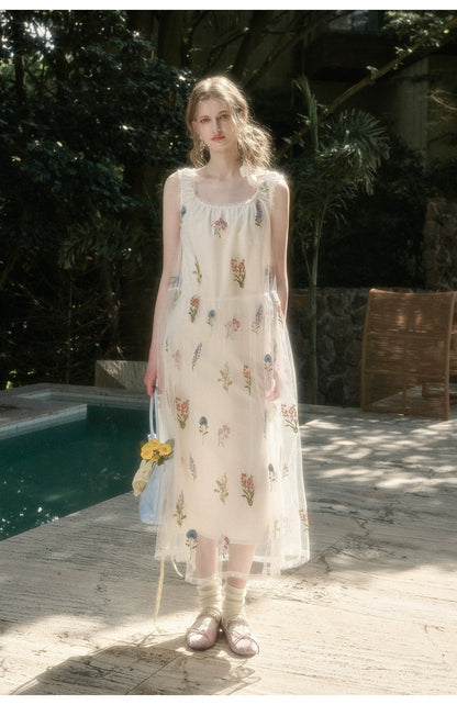 Gauze Flower Embroidered Double - Layer Sundress