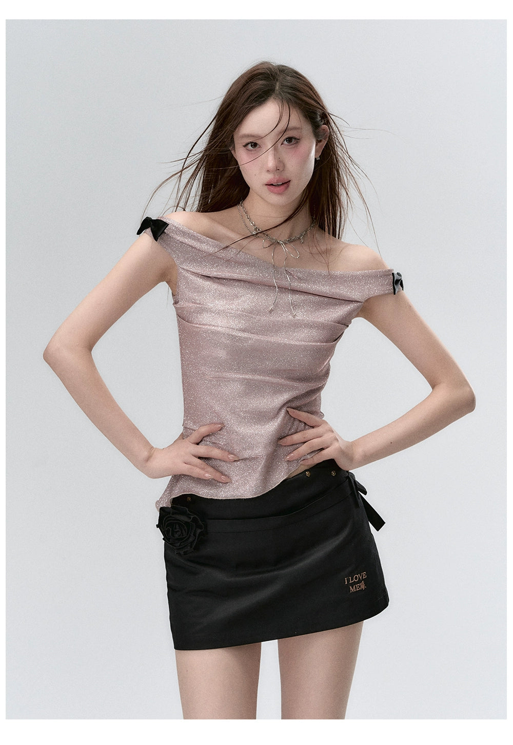 &quot;I LOVE ME&quot; Embroidered Rose Belt A-Line Mini Skirt