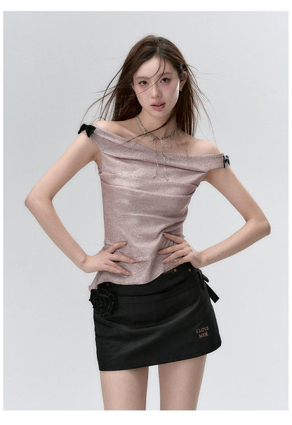 &quot;I LOVE ME&quot; Embroidered Rose Belt A-Line Mini Skirt