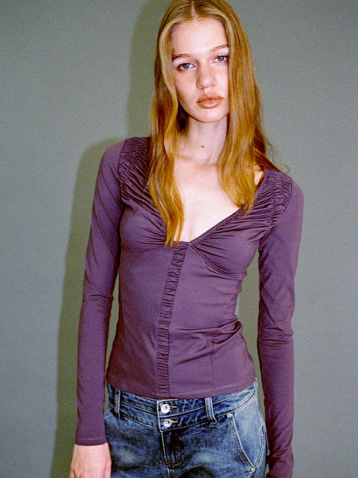 Ruched Low-Neck Knit Top