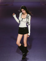 Black Striped Low-waist Slit Skort