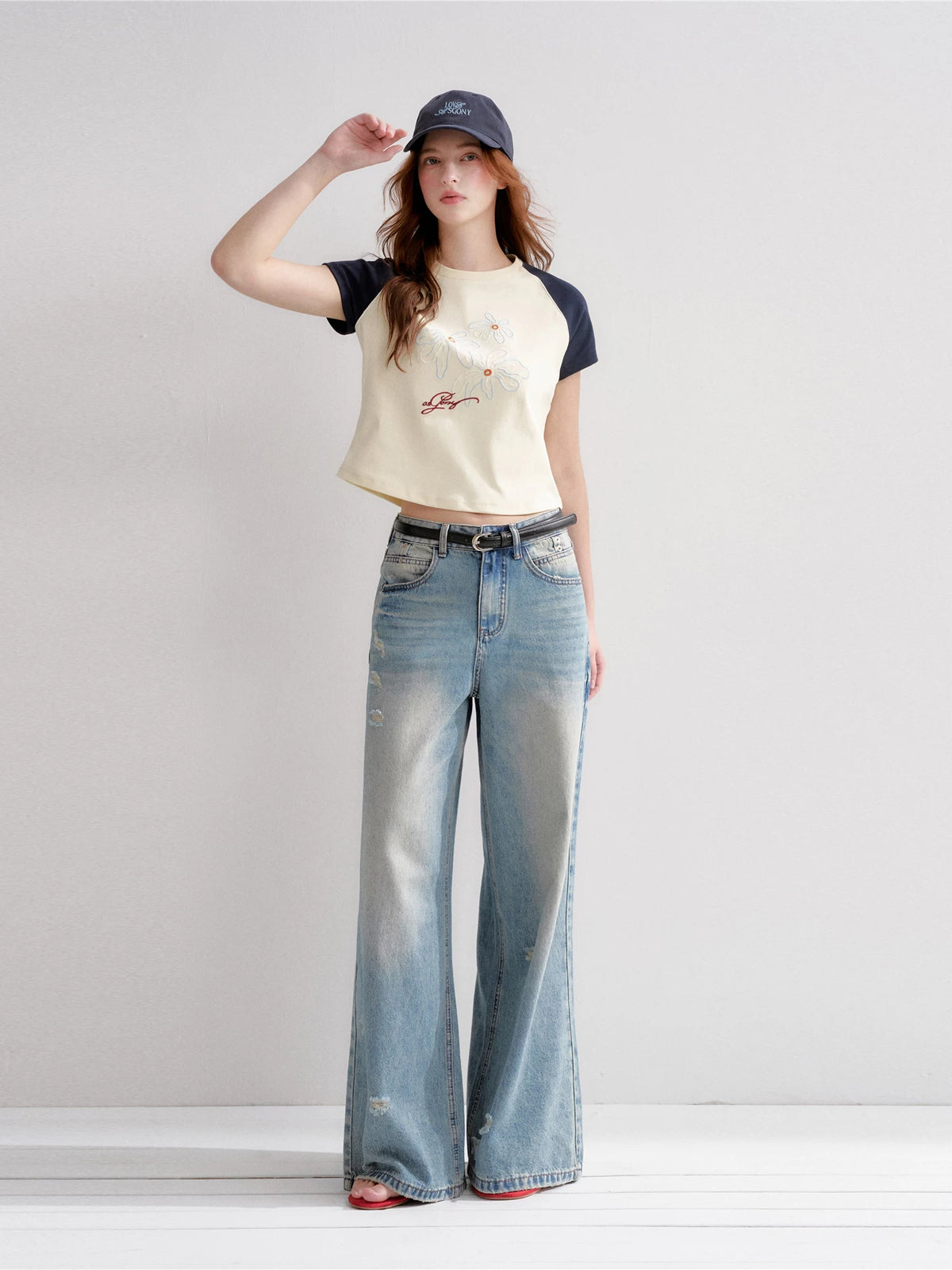 Washed Distressed Wide-Leg Jeans