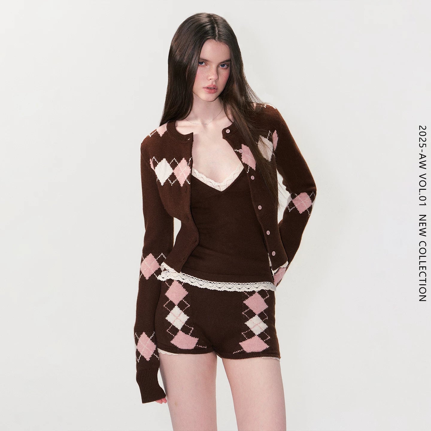 Brown Argyle Knit Set