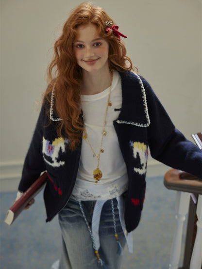 Contrast-Trim Horse Jacquard Knit Zip Cardigan