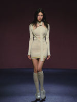 Spliced V-Neck Ribbon Layered Two-piece Dress