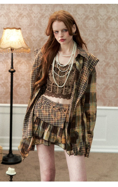 Washed Distressed Plaid Shirt &amp; Skirt Set