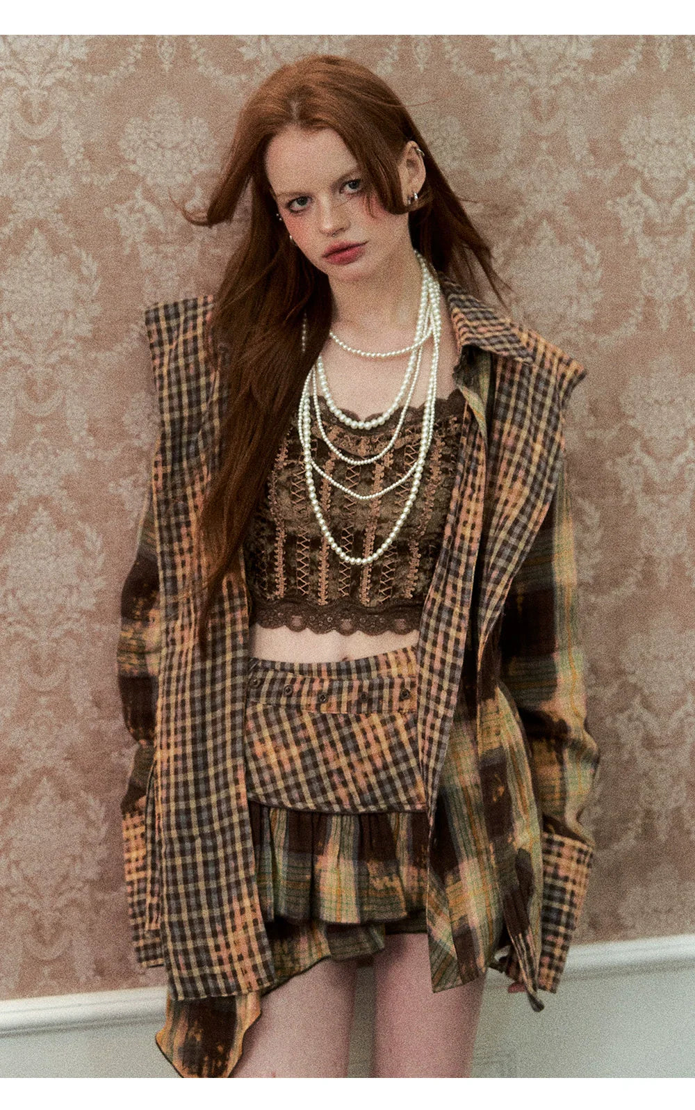 Washed Distressed Plaid Shirt &amp; Skirt Set