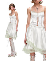 Satin Lace Asymmetric Pleated Skirt