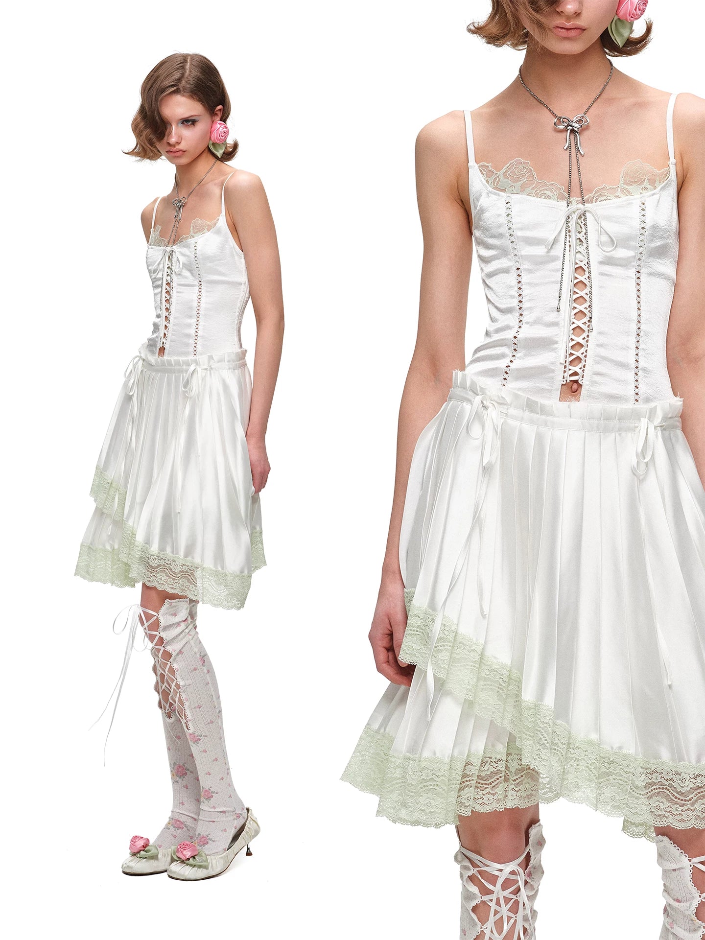 Satin Lace Asymmetric Pleated Skirt