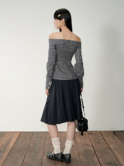 One-Shoulder Waist-Cinching Checked Shirt