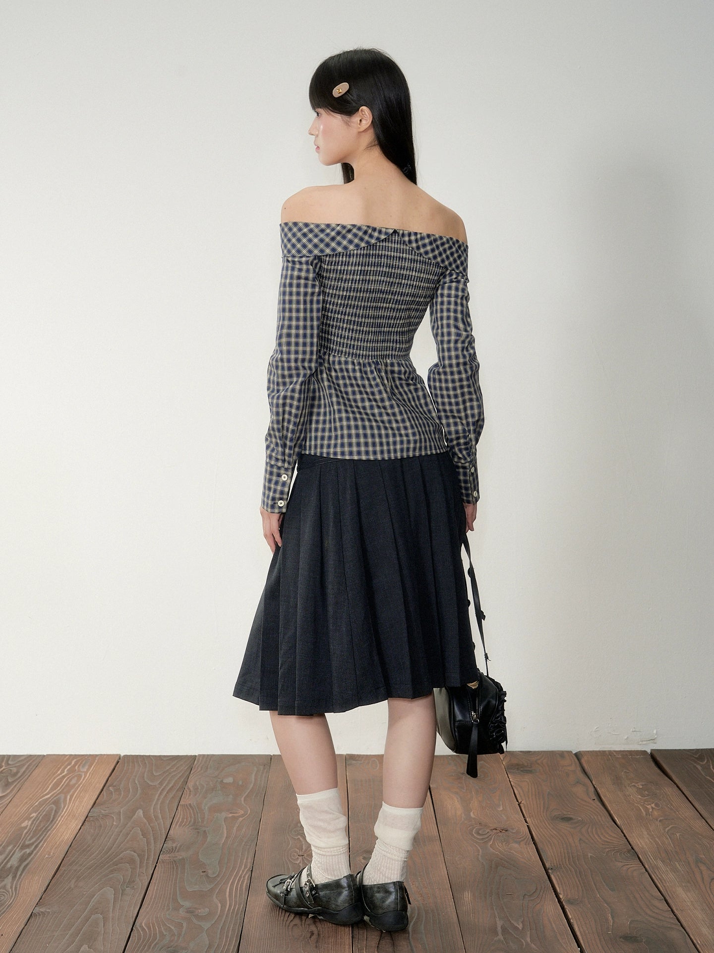 One-Shoulder Waist-Cinching Checked Shirt