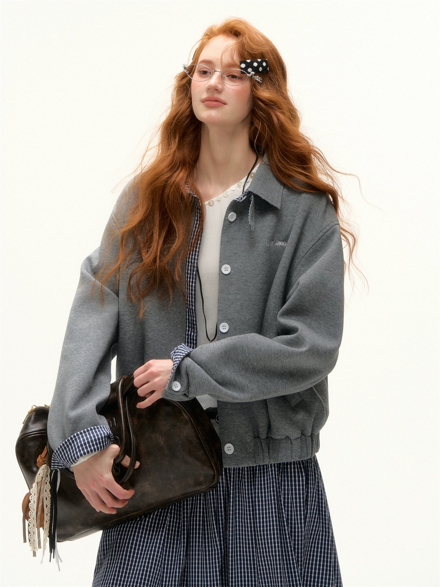 Plaid Collar Zip Sweatshirt Jacket