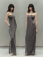 Gray Lyocell Braided-Halter Ruched Dress Set