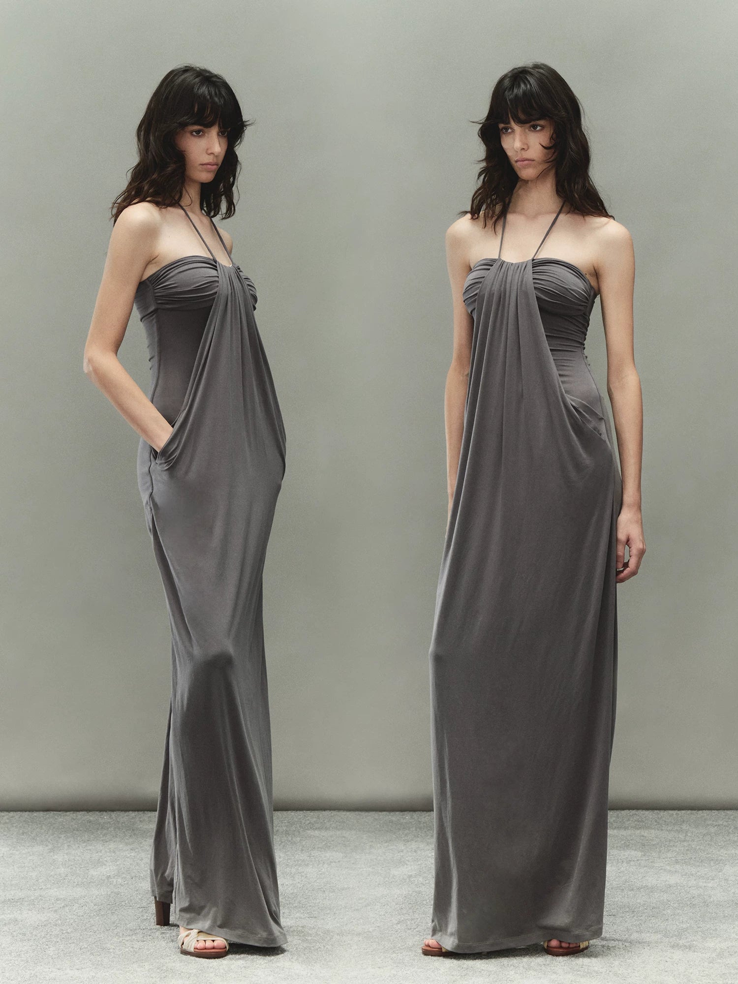 Gray Lyocell Braided-Halter Ruched Dress Set