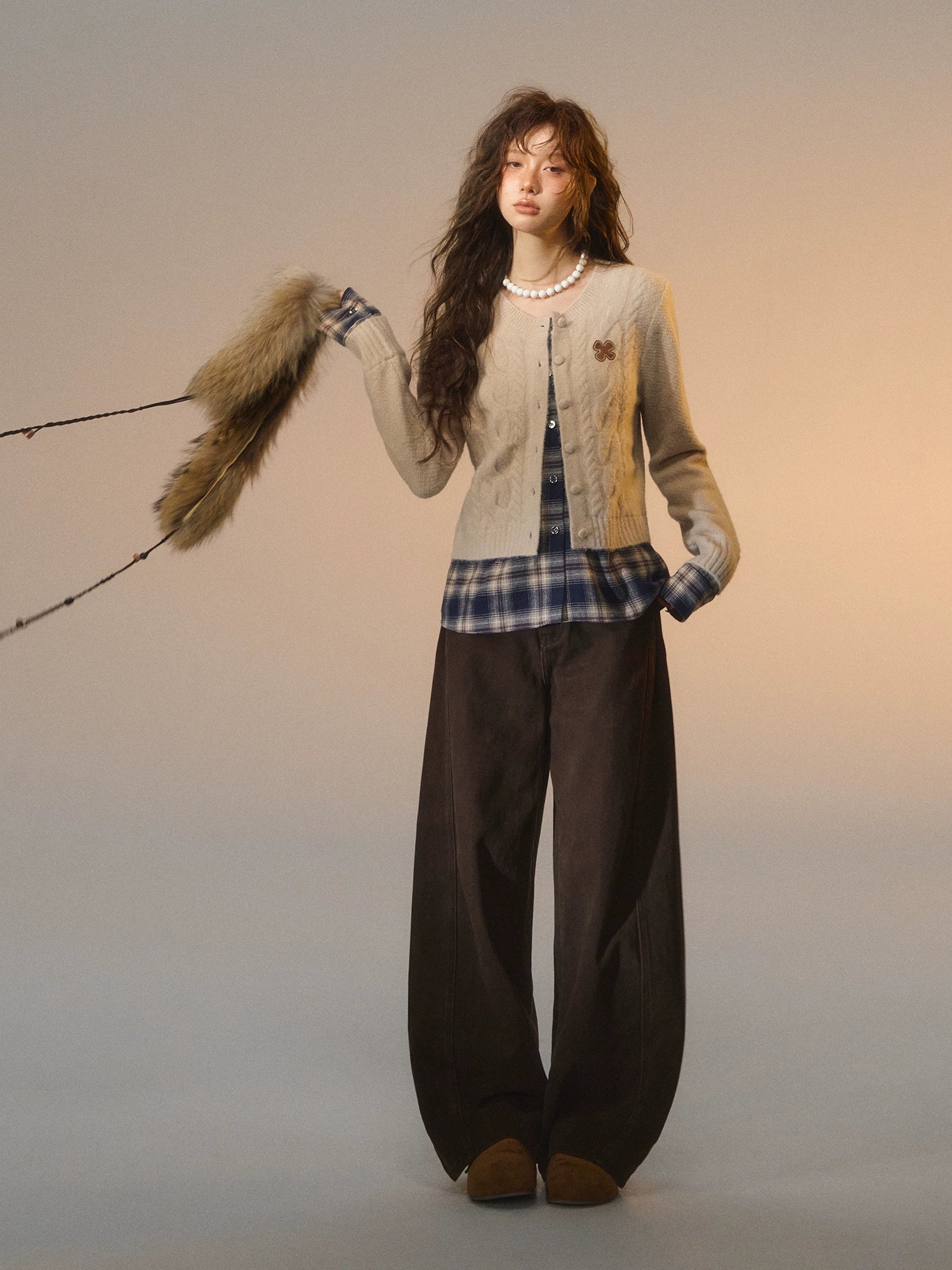 Plaid Layered Cable Cardigan