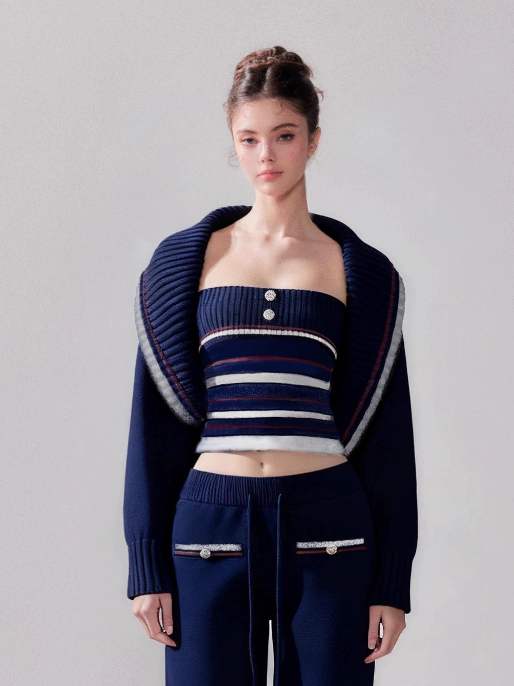 Navy Blue Striped Oversized Collar Knit Cardigan and Pants Set