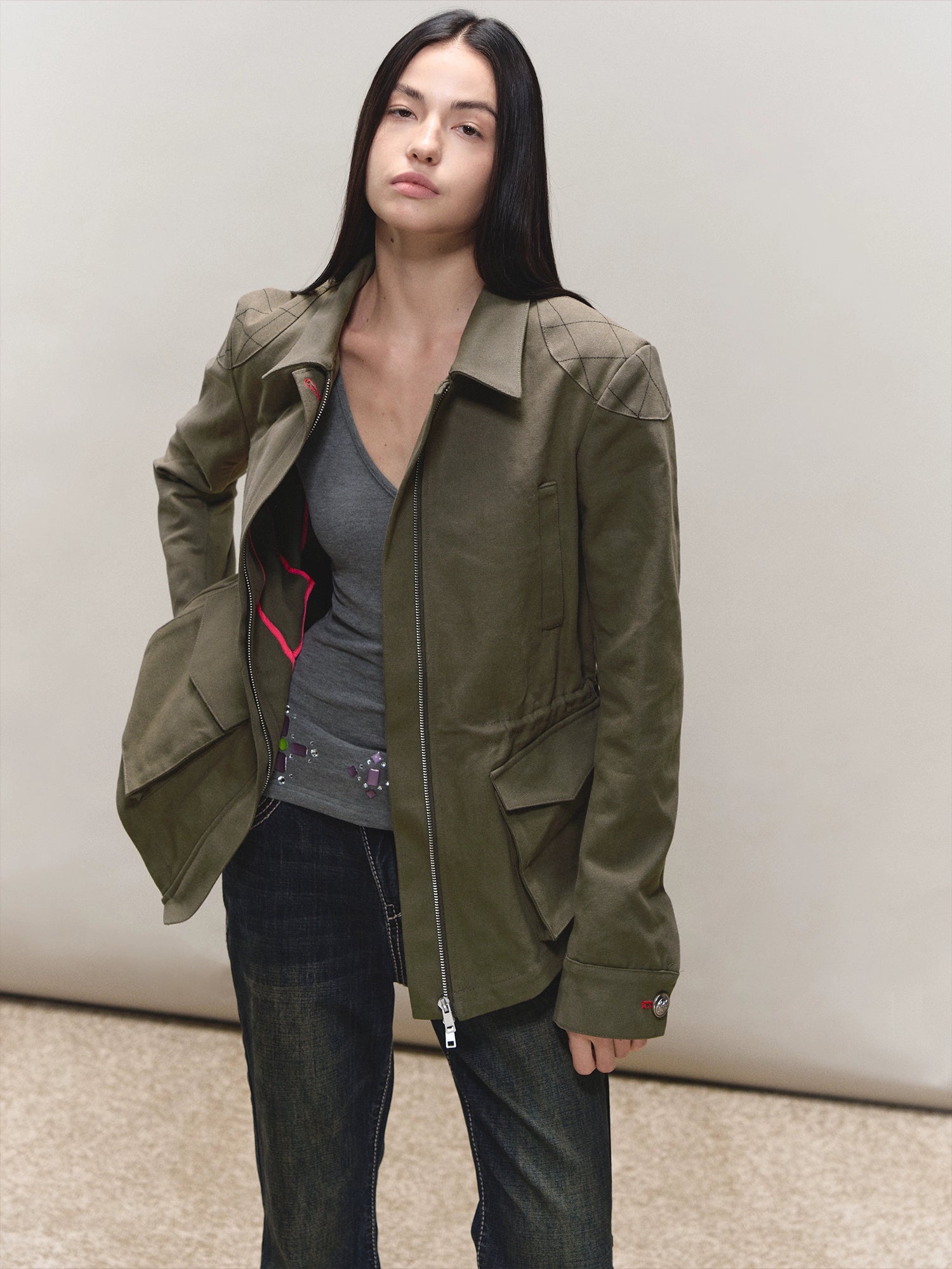 Diamond-Quilt Contrast Hunter Jacket