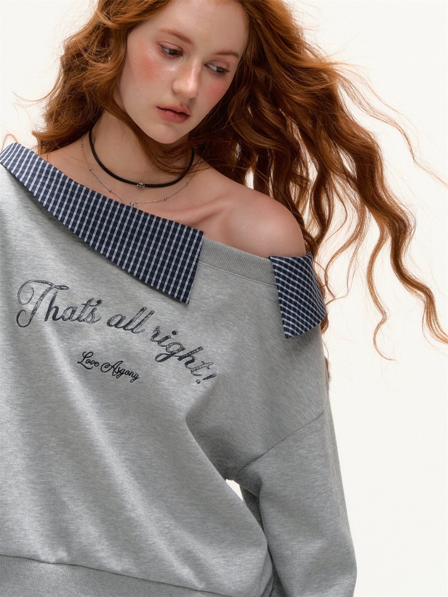 Plaid Embroidery Off-Shoulder Sweatshirt