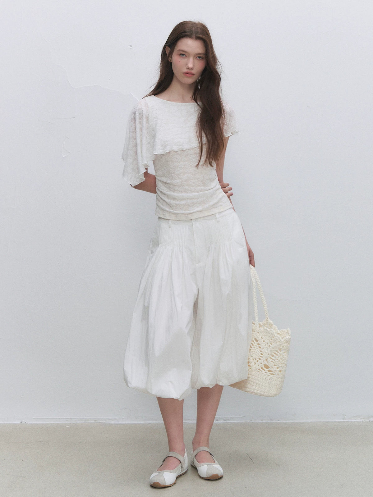 White Jacquard Cape Sleeve Top