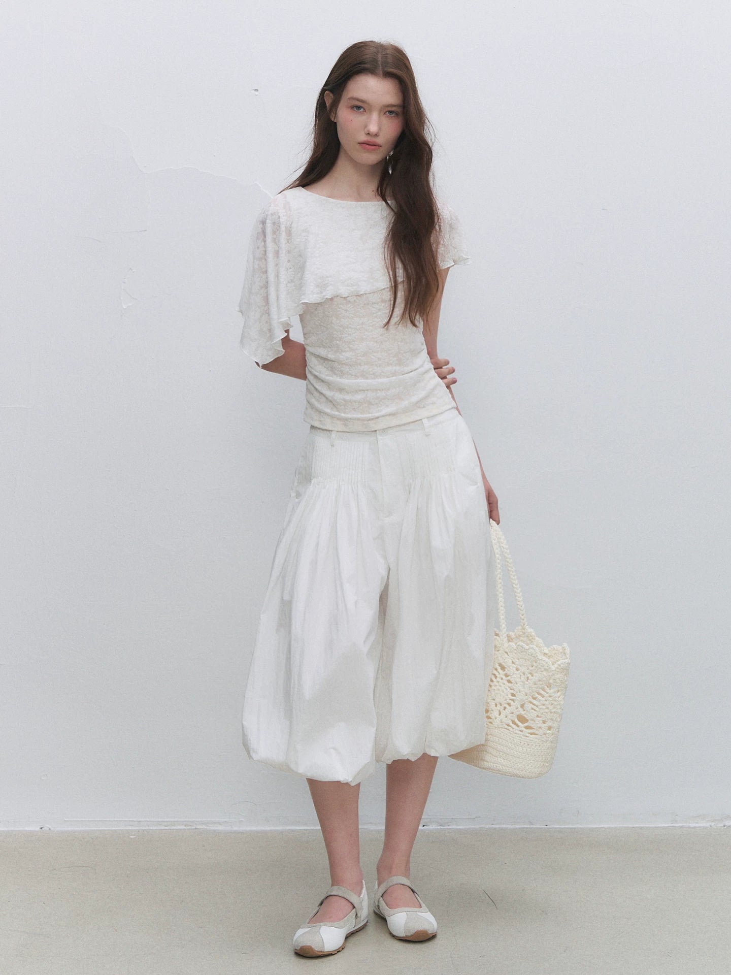 White Jacquard Cape Sleeve Top