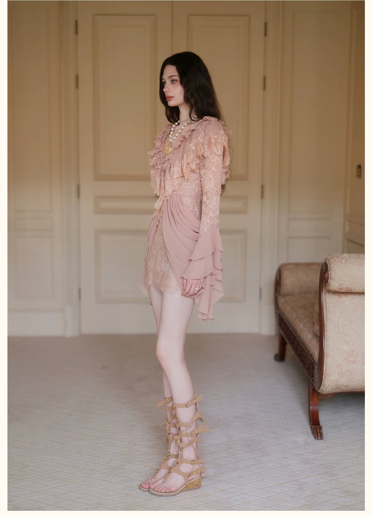 V-Neck Lace Pleated Dress