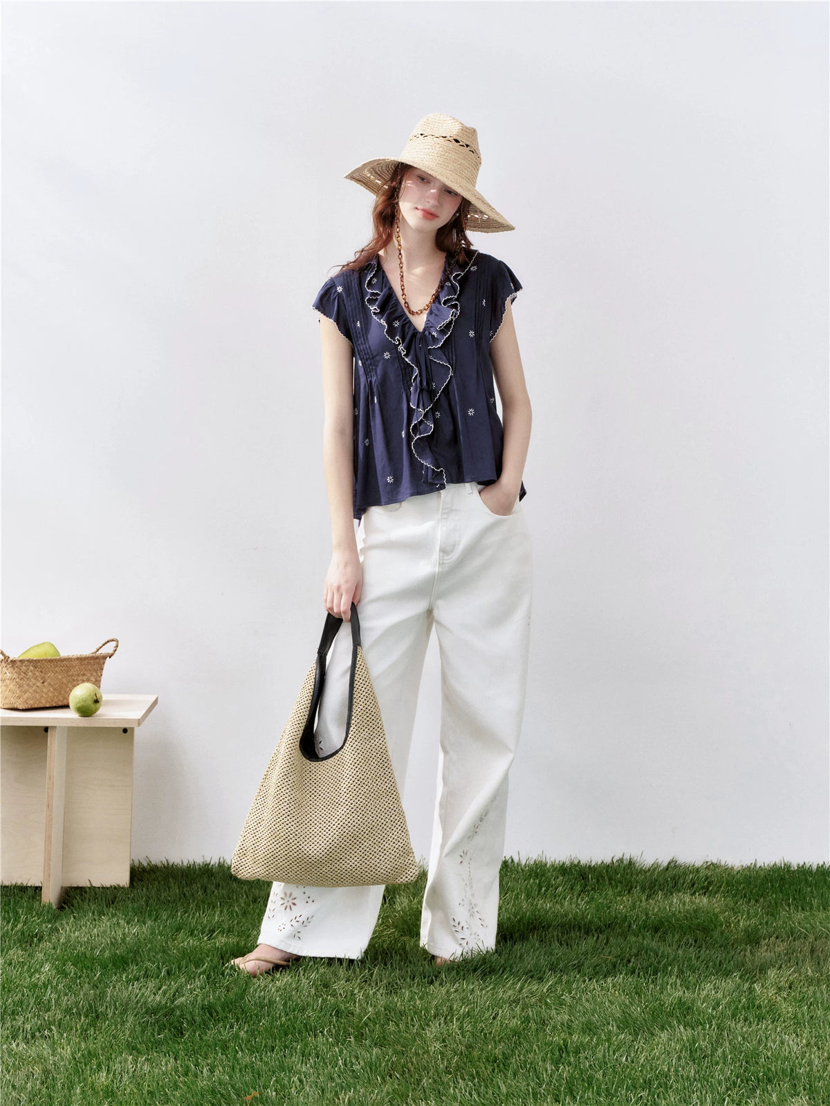 Lace Trim Ruffle V-Neck Blouse