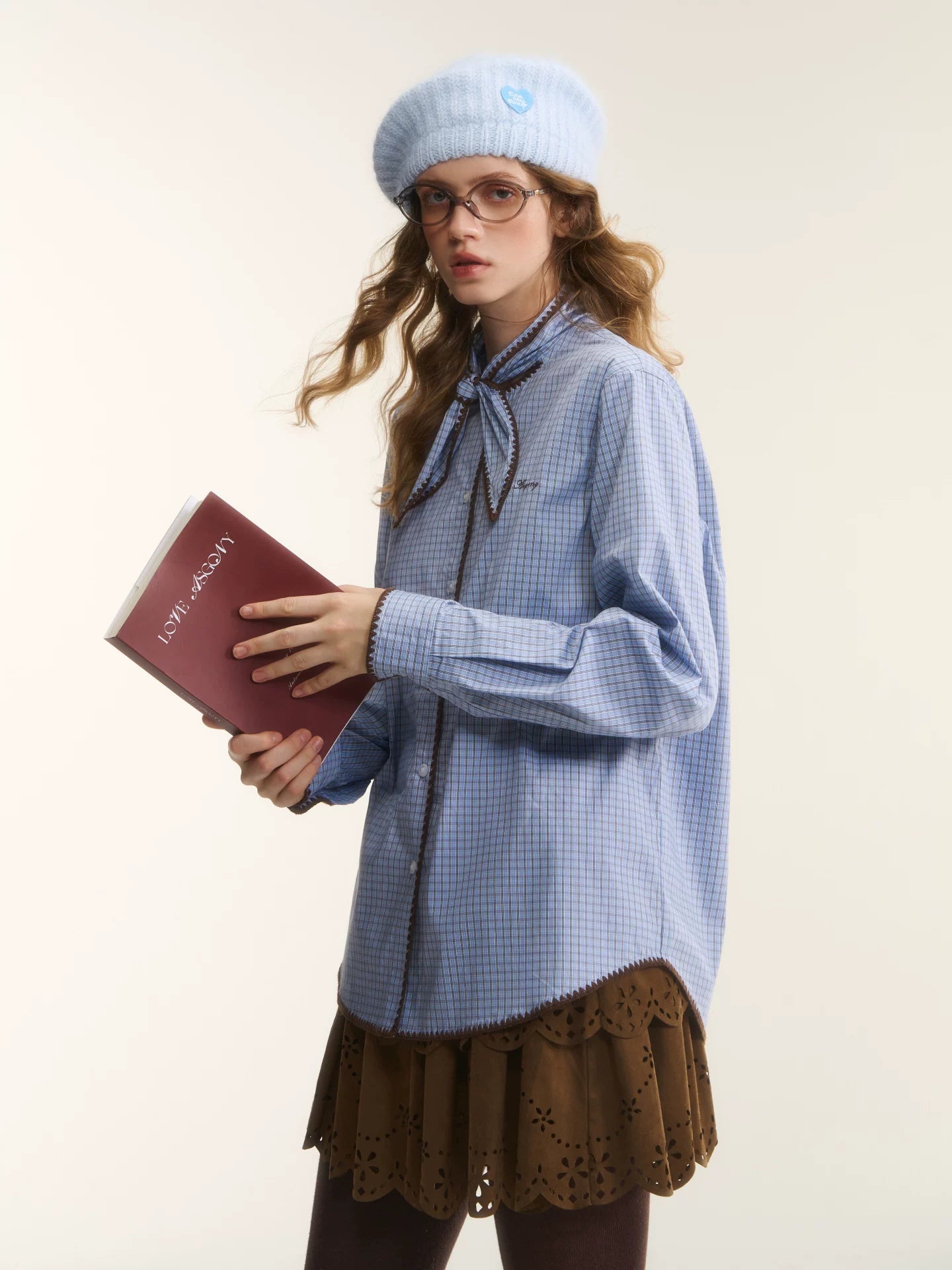 Vintage Contrast Plaid Embroidered Tie-Neck Shirt
