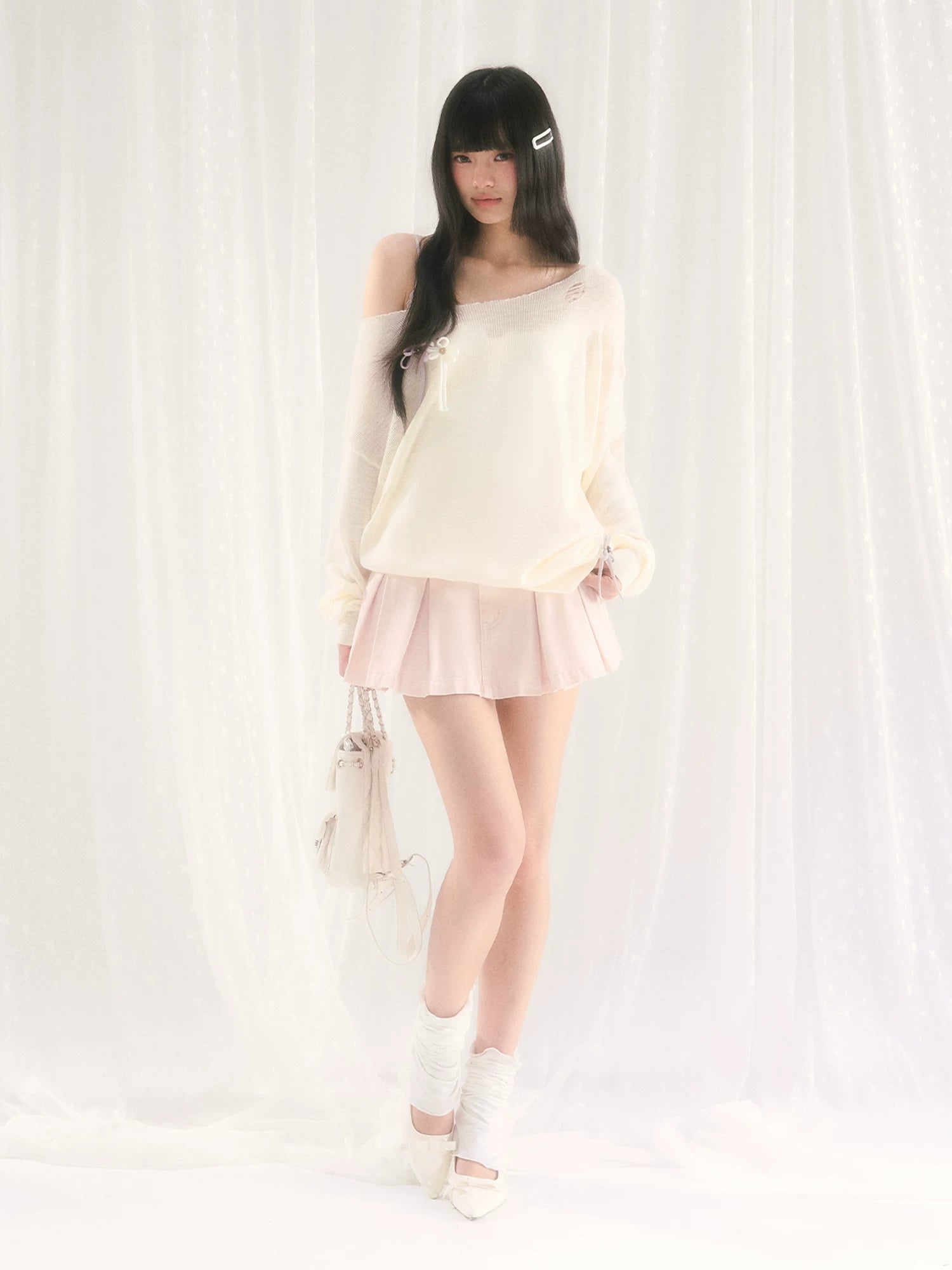 Pink Lace Pleated Denim Skirt