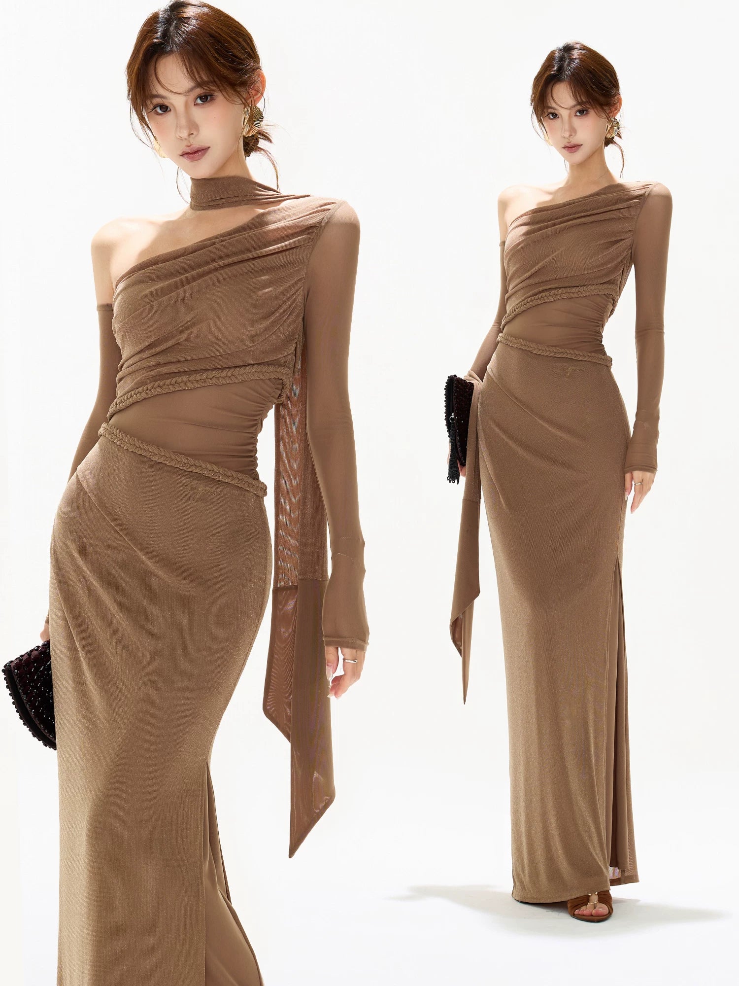 Braid Mesh One-Shoulder Maxi Dress
