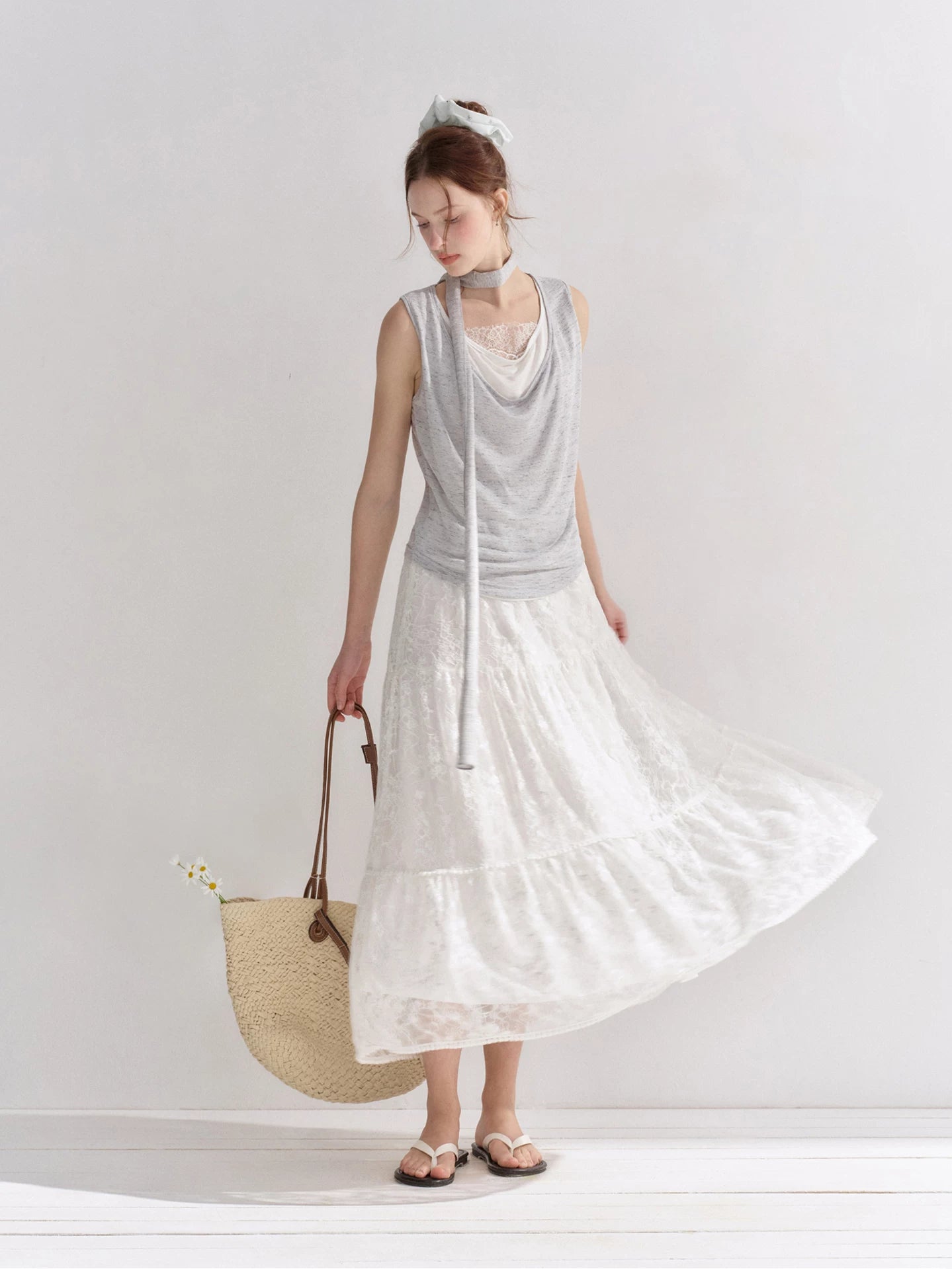 Lace Draped Scarf Tank Top