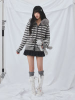 Gray Fur Hood Stripe Cardigan