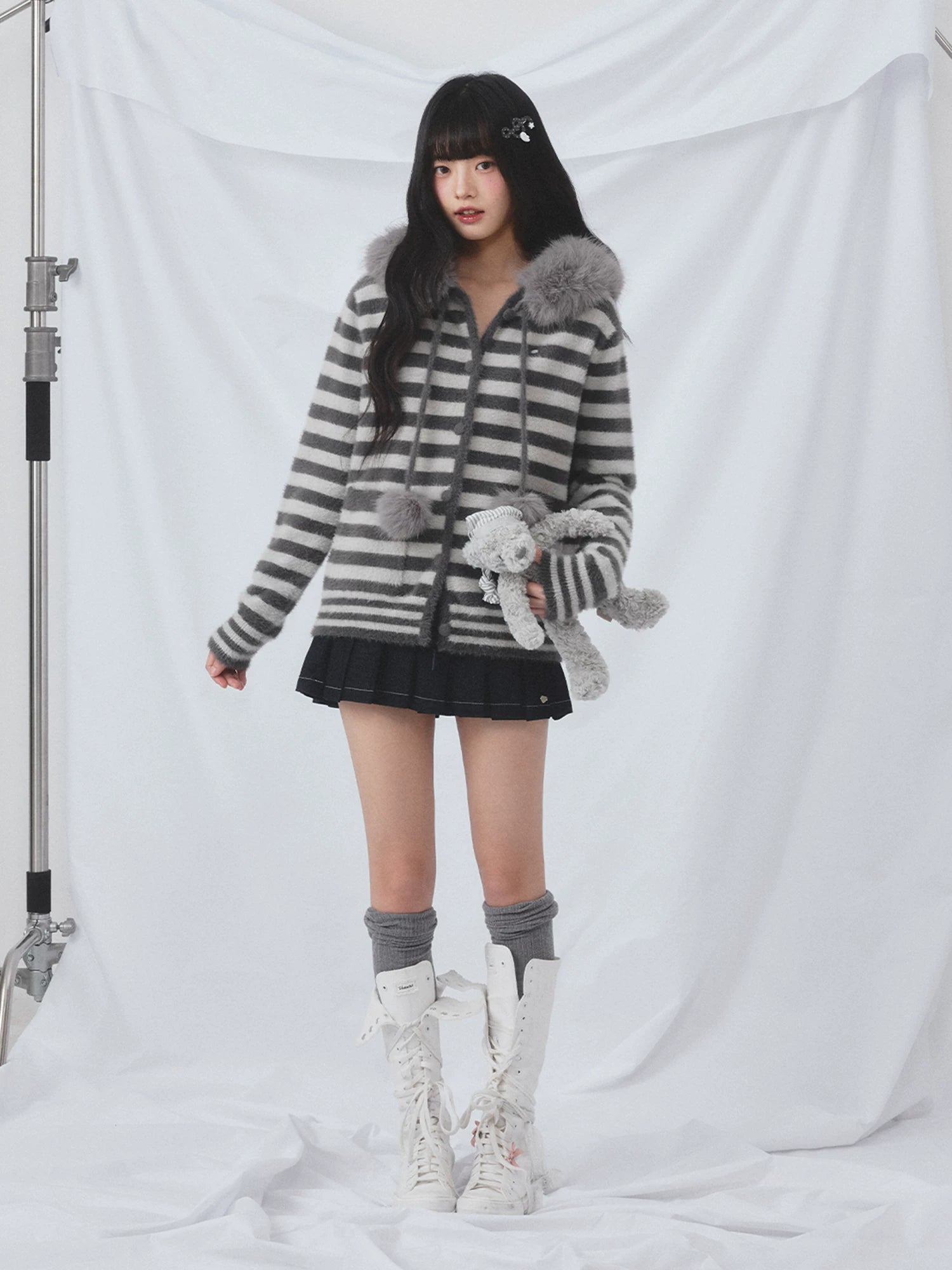 Gray Fur Hood Stripe Cardigan