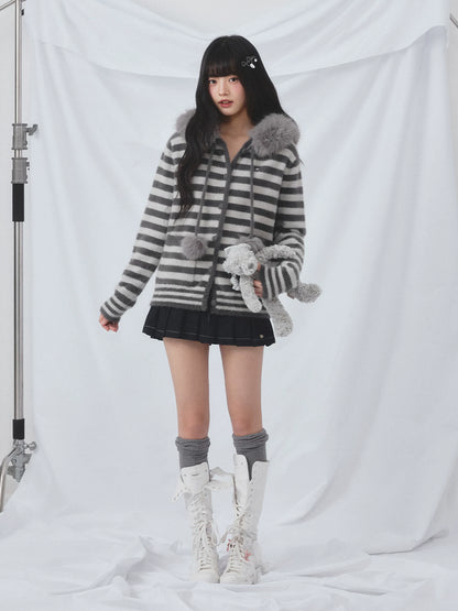Gray Fur Hood Stripe Cardigan