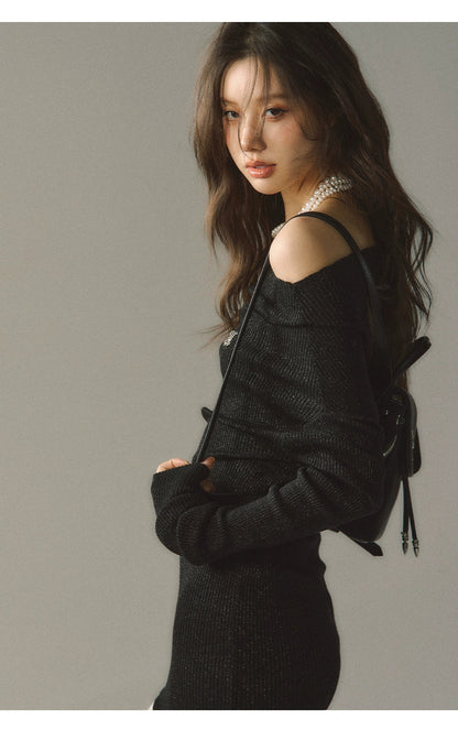 Khaki &amp; Black Off-shoulder Knitted Mini Dress