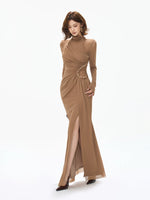 Caramel Ruched Turtleneck Slit Dress