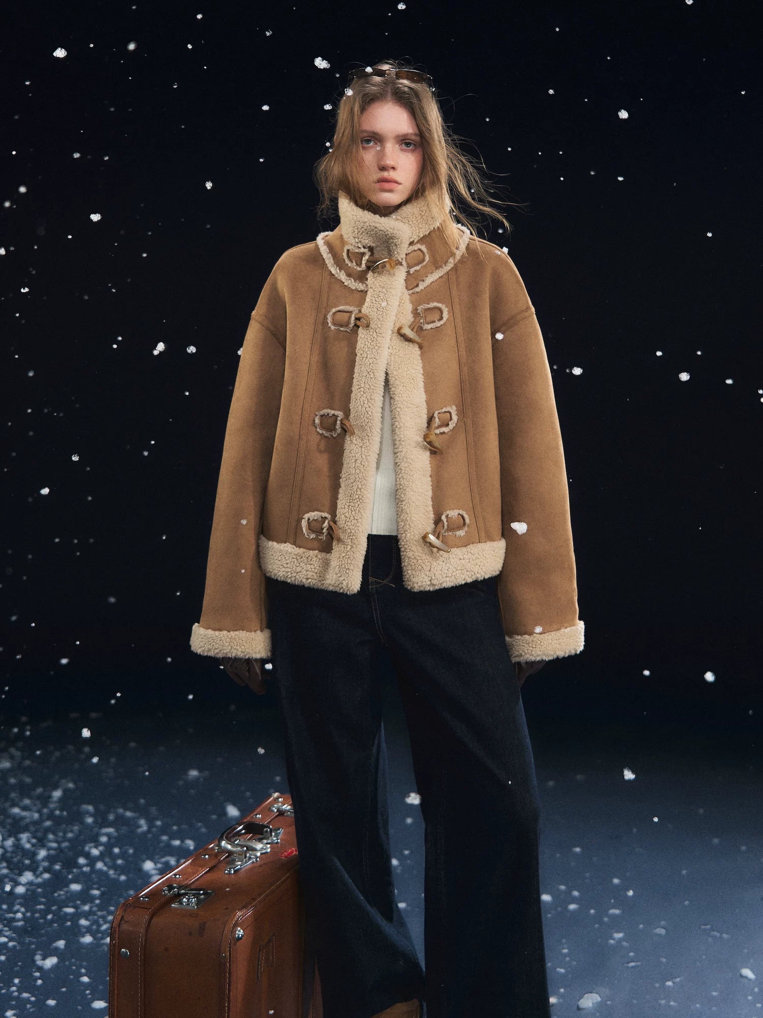 Horn Button Woolen Fur Jacket