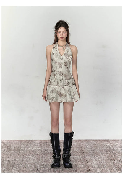 Apricot &amp; Light Green Printed Halter Dress