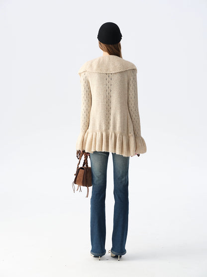 Two-Tone Openwork Ruffle Longline Cardigan
