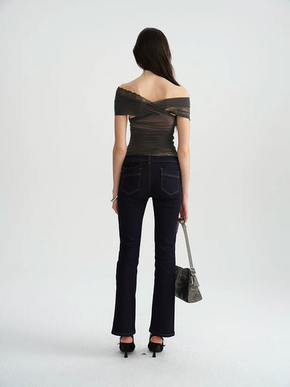 Two-Tone Mesh Lace Cross-Front Blouse
