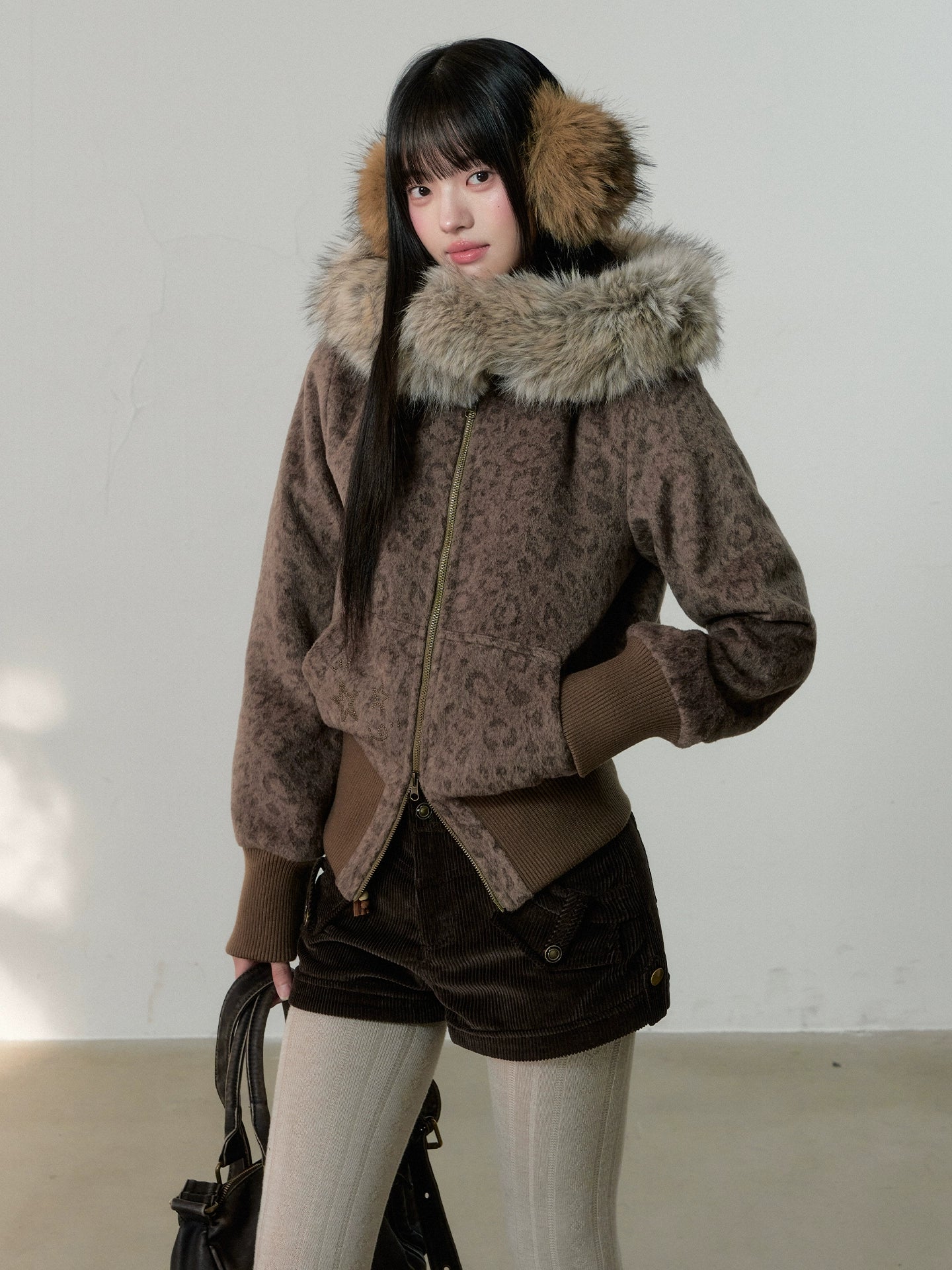 Korean Retro Leopard Wool Hooded Jacket