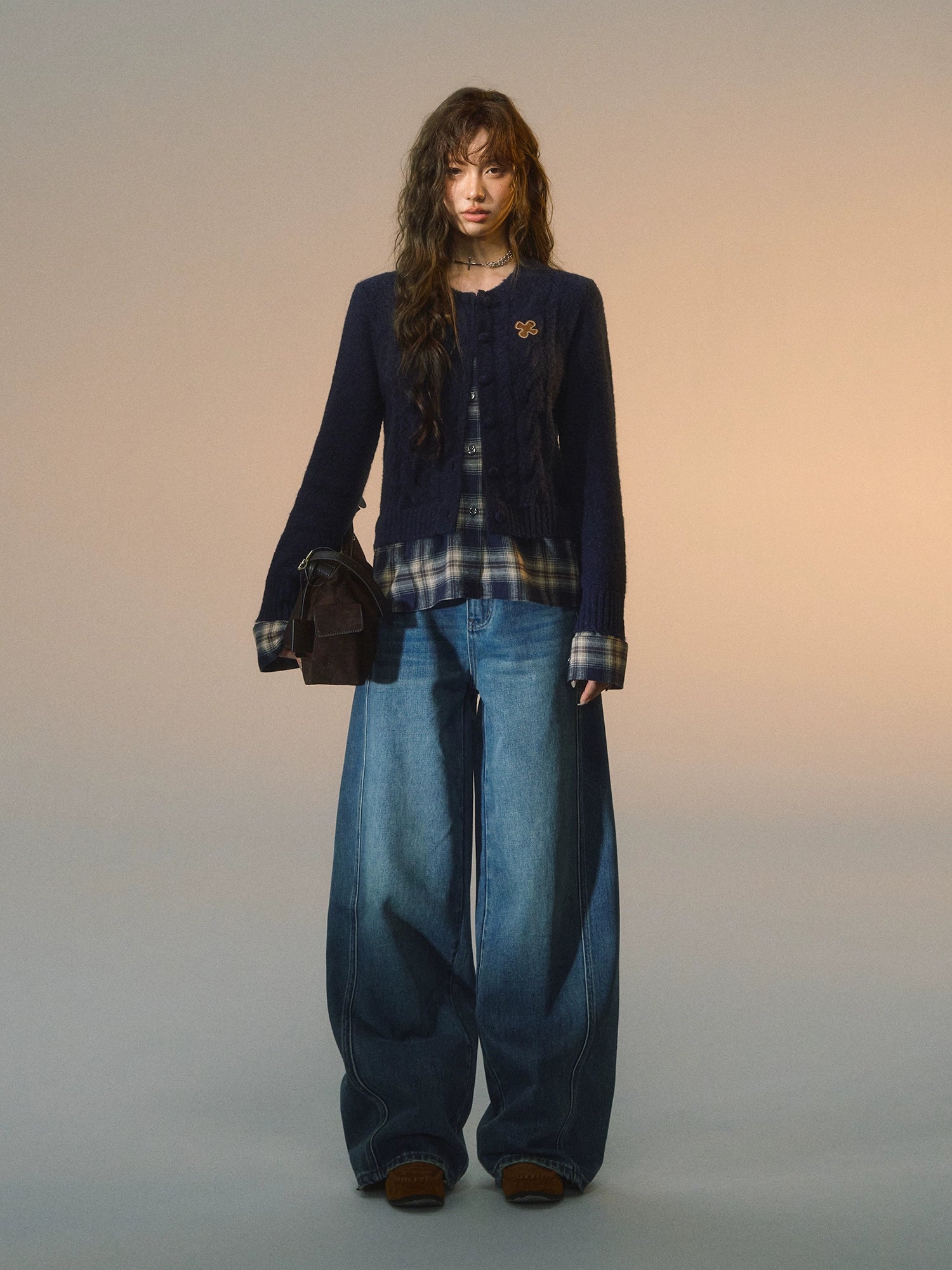 Plaid Layered Cable Cardigan