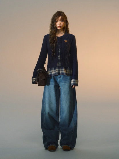 Plaid Layered Cable Cardigan