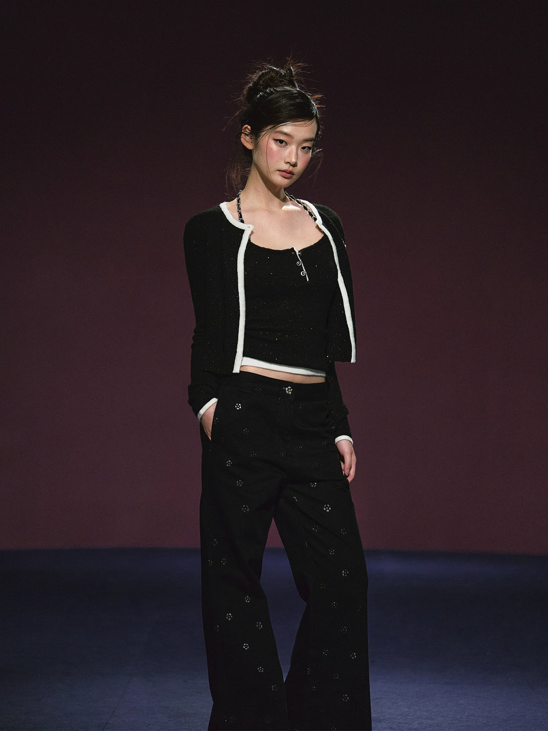 Tweed Galaxy Shimmer Chain Halter Camisole &amp; Cardigan Set