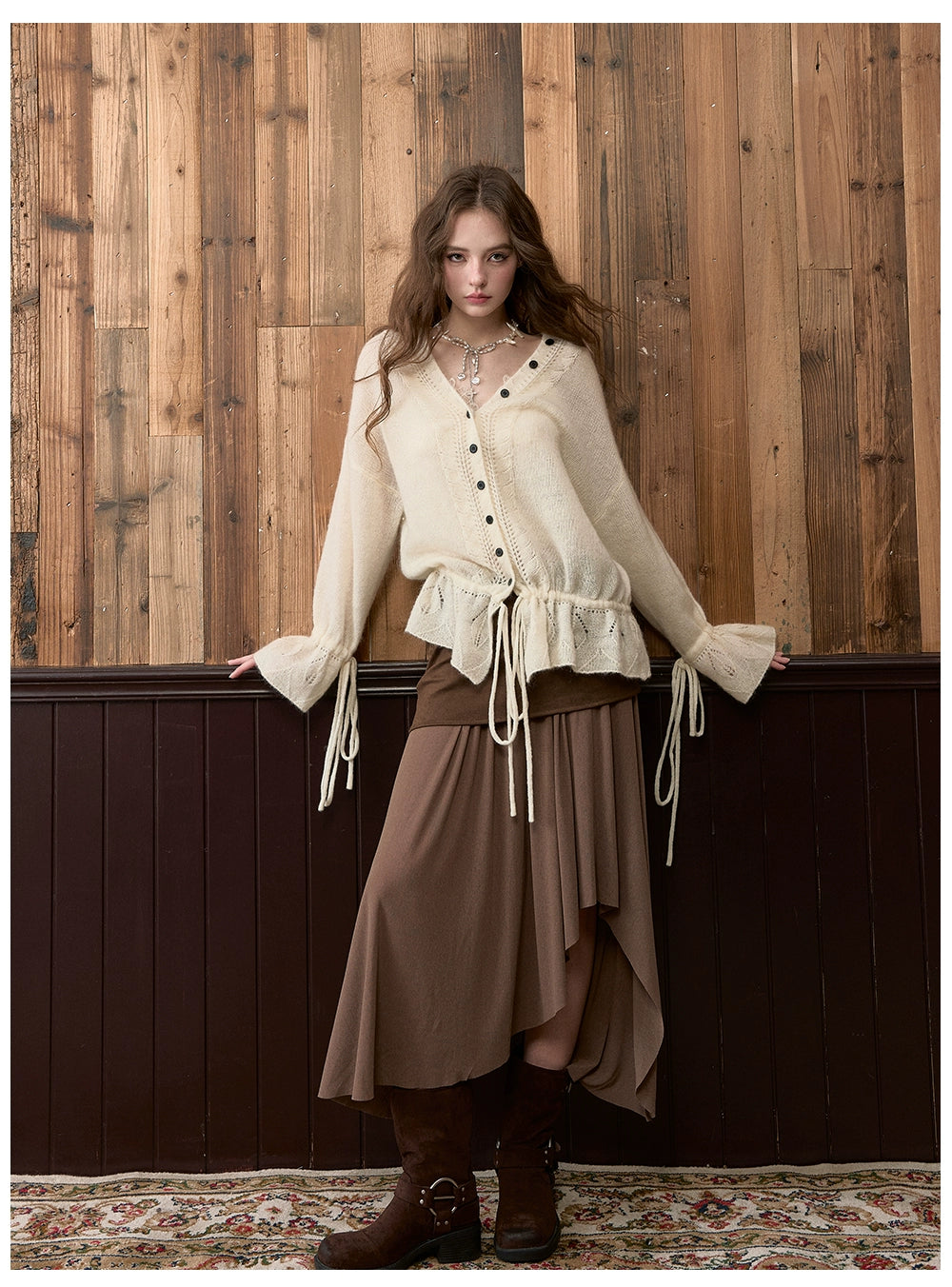 Brown &amp; Off-white Drawstring Knit Cardigan