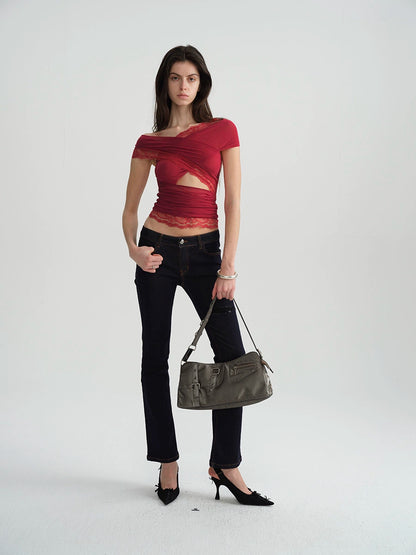 Two-Tone Mesh Lace Cross-Front Blouse