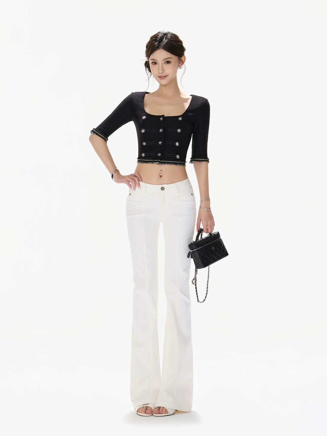 Black Silver Knit Crop Top